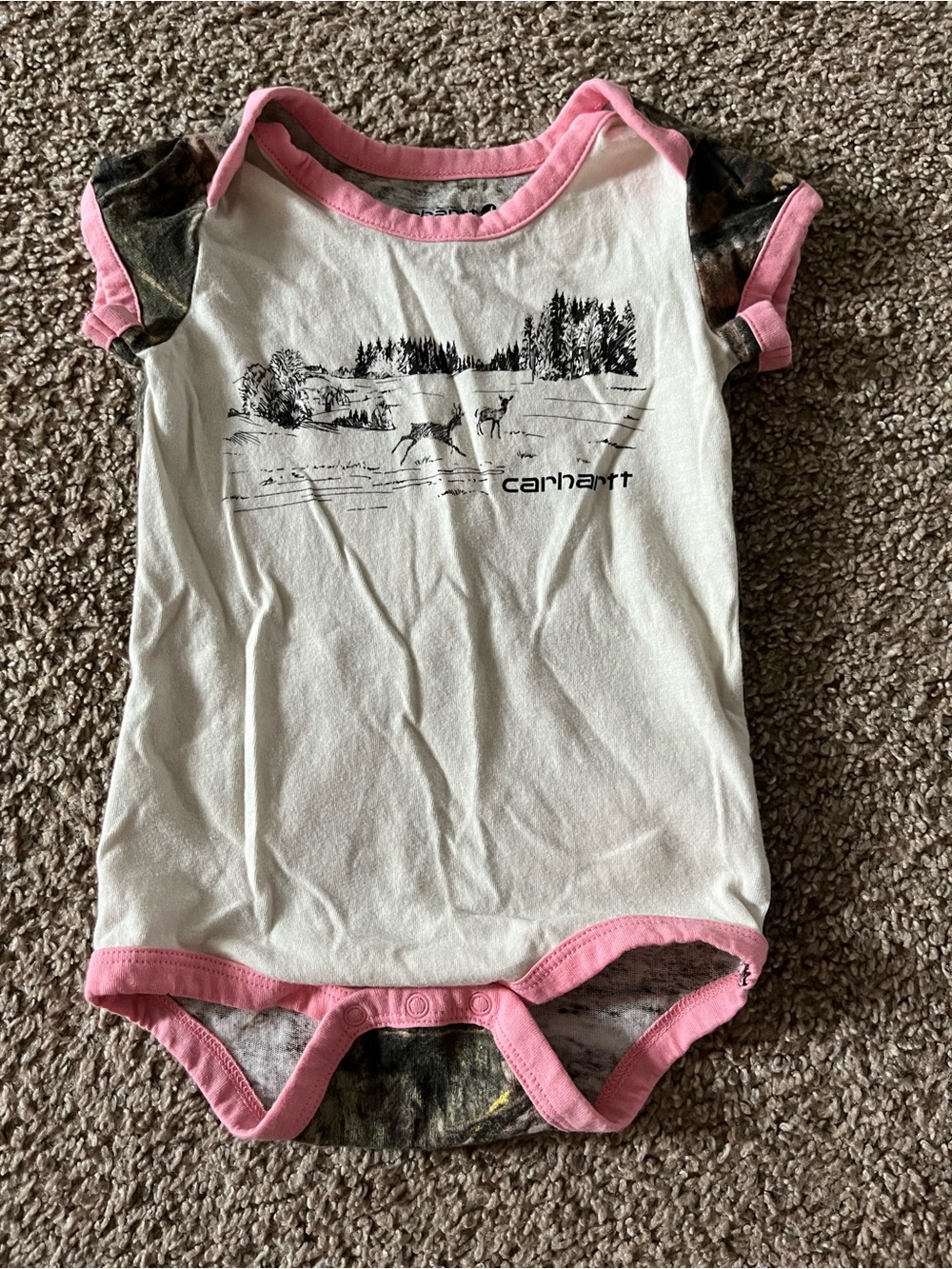 Carhartt White & Pink Camouflage Trim Baby Onesie 12 Months